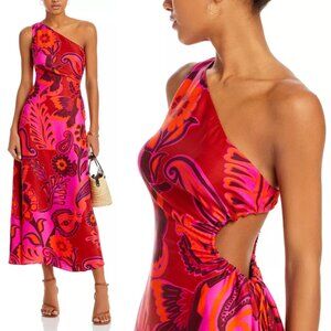 FARM Rio Bold Floral Side Cut-Out With Tie Detail Midi Dress in Pink sz L $255